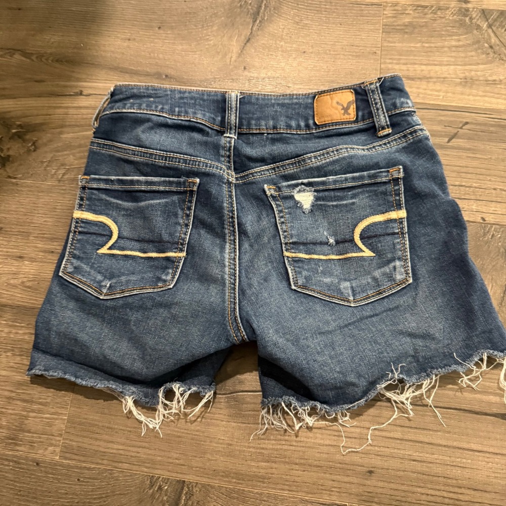 American Eagle Hi-Rise Shortie Denim Shorts Dark Wash Distressed Super Stretch 0 - Picture 3 of 11